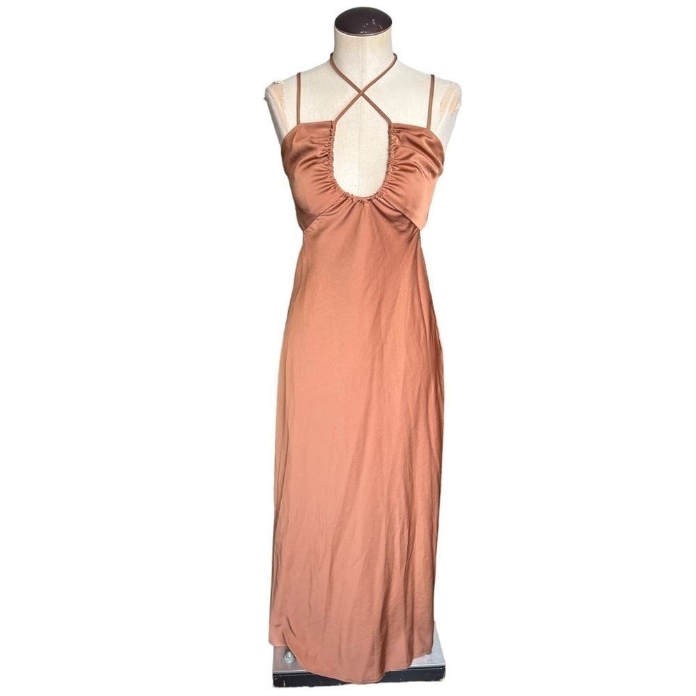 A.L.C. Sienna Cut Out Shirred Satin Midi Dress in Rawhide Brown Size:6 - Picture 6 of 14